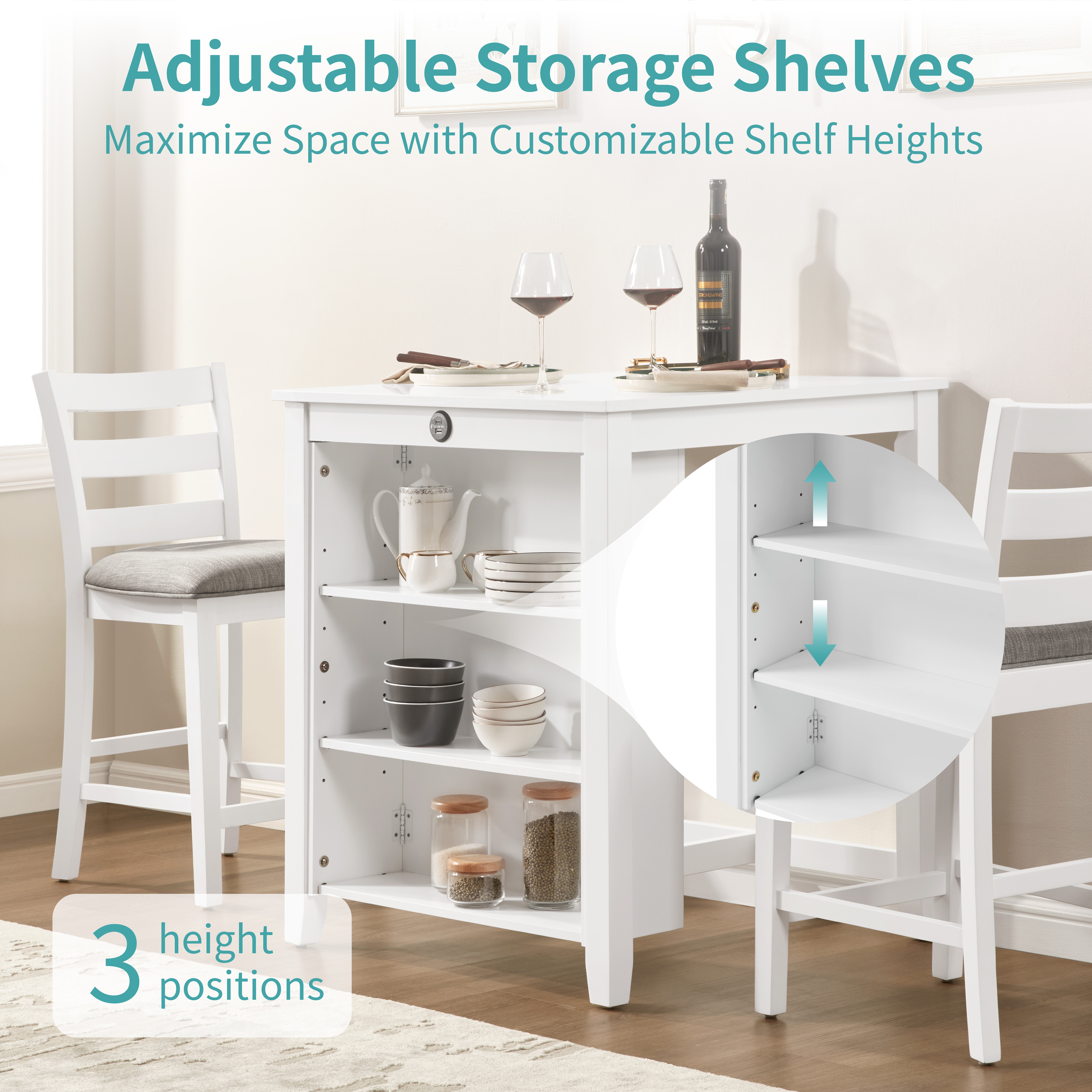30" Modern Dining Table Set for 2 with Charging Station & 3-Tier Adjustable Storage | Space-Saving Kitchen Set with Upholstered Chairs for Small Spaces, Apartment,White 30" Modern Dining Table Set for 2 with Charging Station & 3-Tier Adjustable Storage | Space-Saving Kitchen Set with Upholstered Chairs for Small Spaces, Apartment,White
